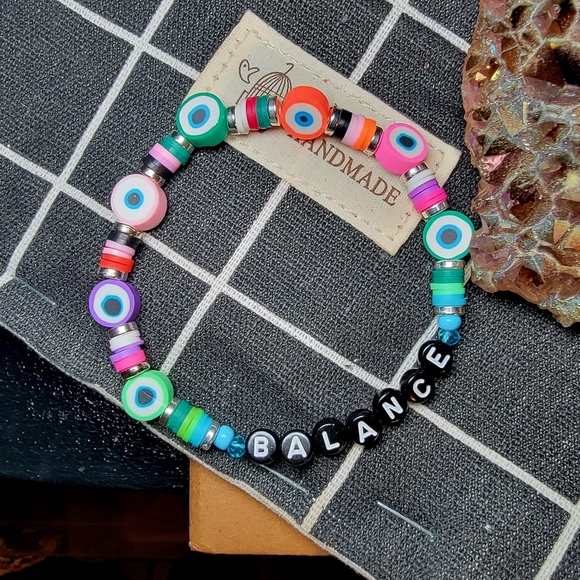 Balance Rainbow Evil Eye HANDMADE Beaded Word Bracelet - Picture 2 of 4